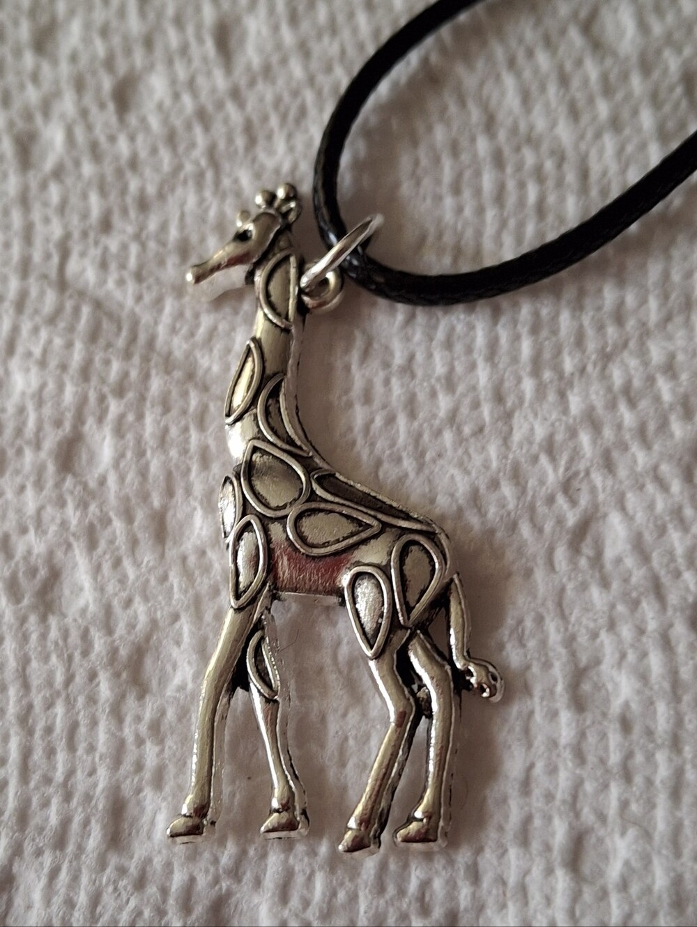 Silver Giraffe Pendant Necklace With 24" Black Cord